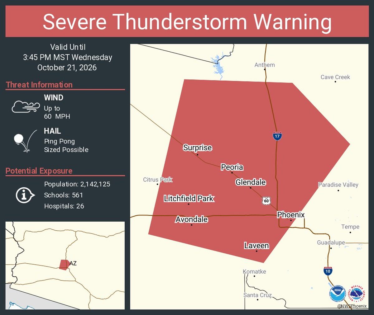 NWS Phoenix Severe Thunderstorm Warning for Phoenix, Glendale, Peoria, Surprise, Avondale, and Litchfield Park, Oct 21, 2026, ping pong sized hail possible