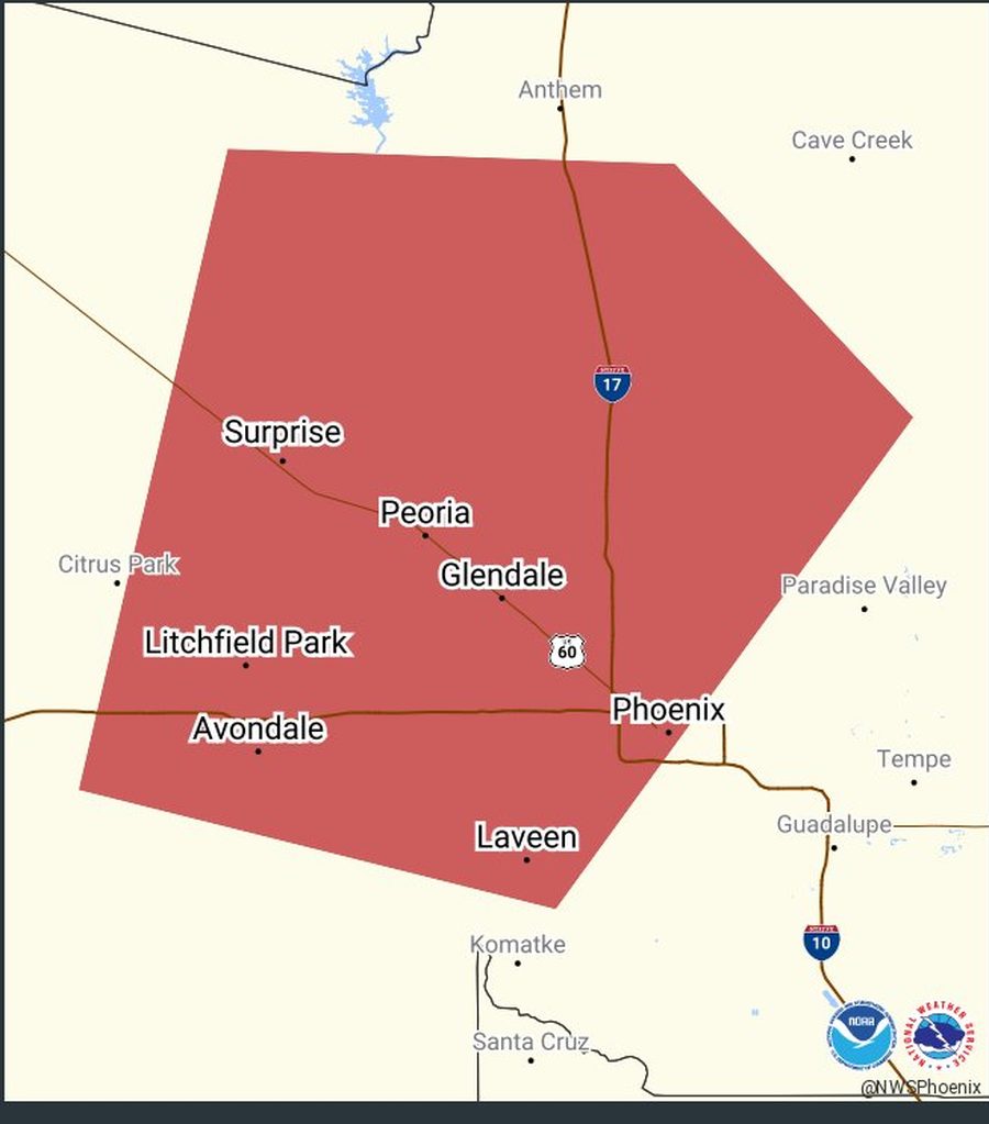 map of the Oct 21, 2026 severe thunderstorm warning area across the West Valley and north Phoenix